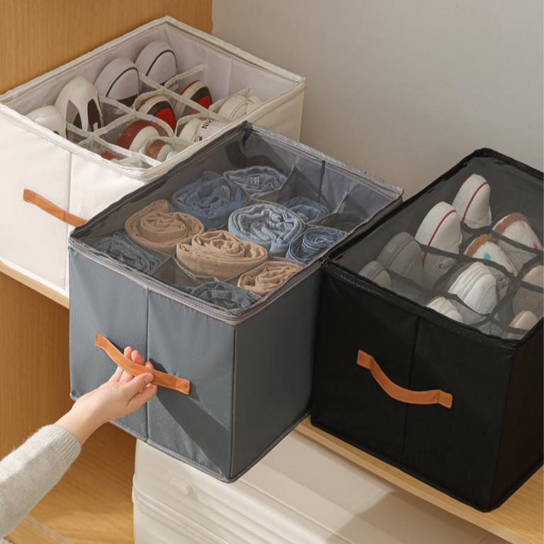 Foldable Clear Shoe Storage Box with Dividers, Multi-Purpose Organizer